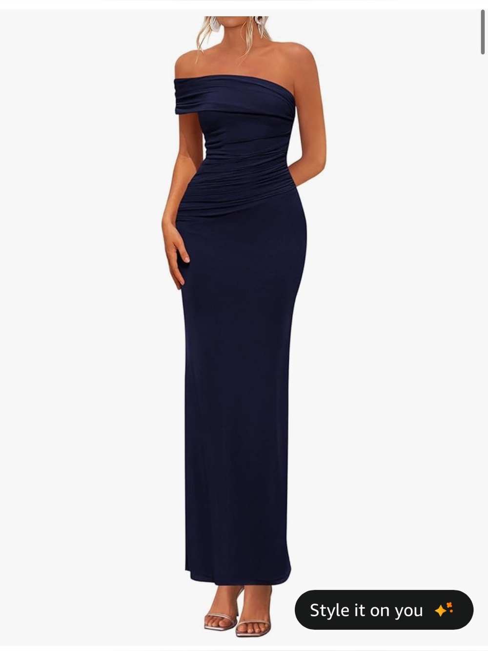 One-Shoulder Navy Blue Ruched Evening Dress